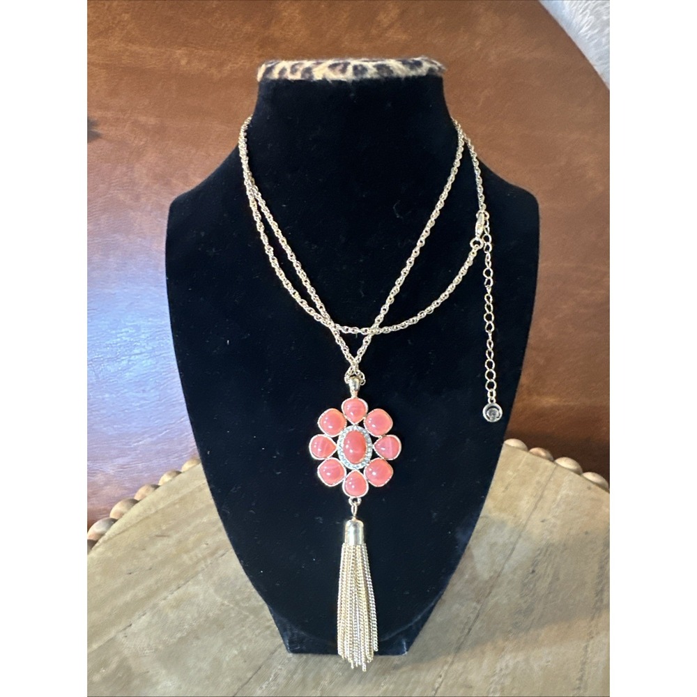 Vintage Look1946 Necklace Tassels Round Gold Tone Opera Flapper Coral Jewelry36"